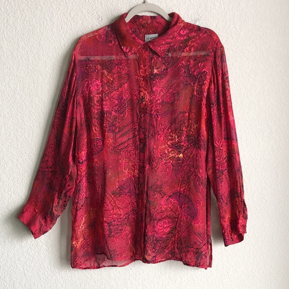 Chico’s Sheer Silk Blend Long Sleeve Blouse Button Front Jacquard 3 Red